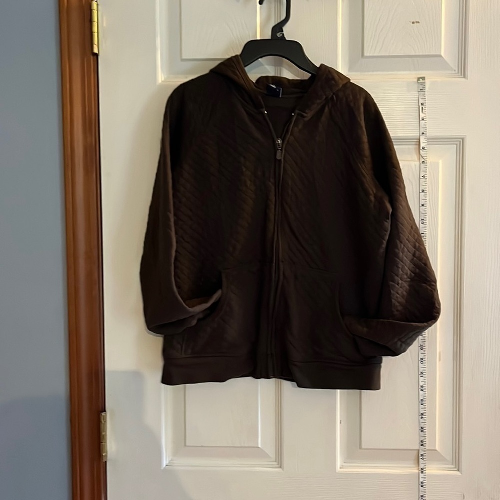 Gap-L-chocolate brown -full zip, hooded, quilted, long sleeve sweatshirt pockets